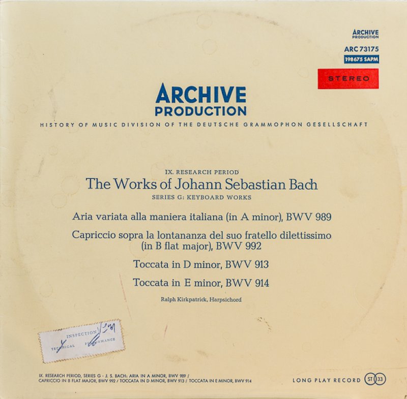 画像1: ラルフ・カークパトリック（harpsich）/バッハ：アリア、カプリッチョ、トッカータBWV913&amp;914 (1)