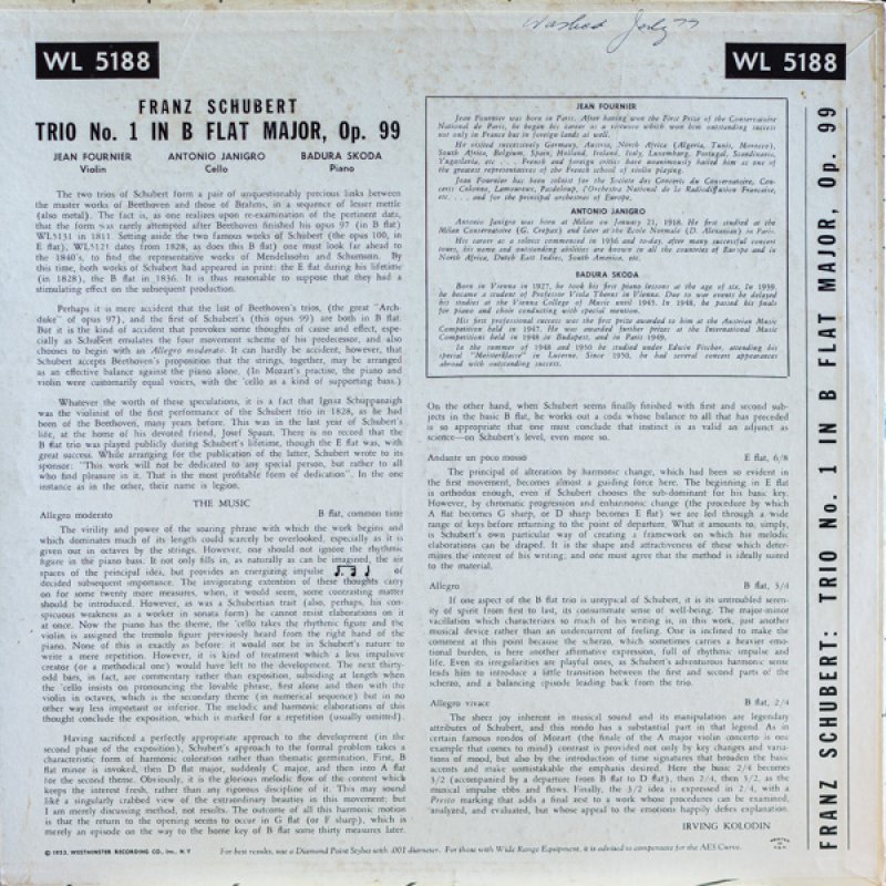 画像2: ジャン・フルニエ(Vn)/シューベルト:ピアノ三重奏曲第1番変ロ長調作品99 (2)