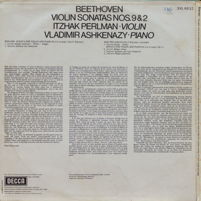 画像2: イツァーク・パールマン(Vn)/ベートーヴェン:ヴァイオリン・ソナタ第9番イ短調作品47「クロイツェル」 (2)