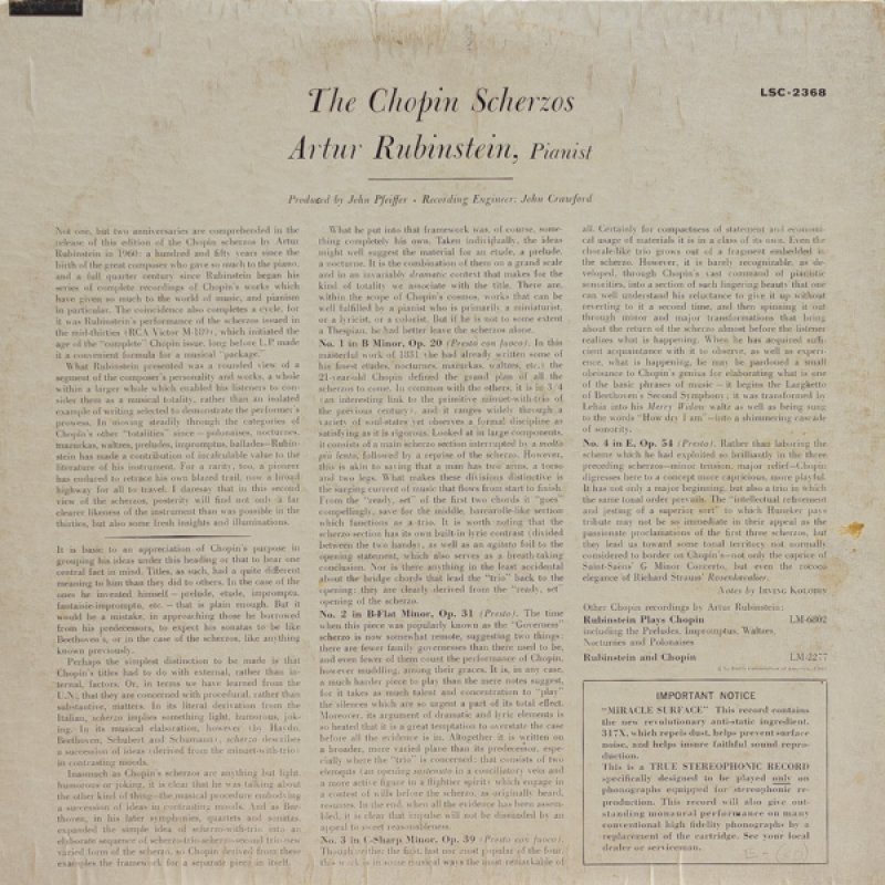 画像2: アルトゥール・ルービンシュタイン（pf）/ショパン：スケルツォ集 (2)