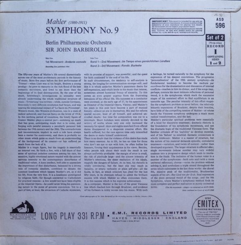 画像2: サー・ジョン・バルビローリ/マーラー:交響曲第9番(2LP) (2)