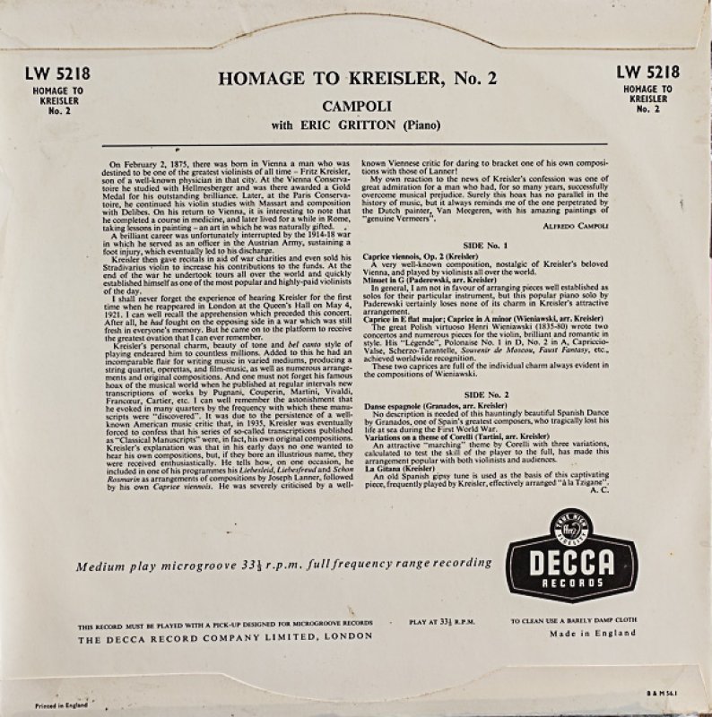 画像2: アルフレード・カンポーリ(Vn)/HOMAGE TO KREISLER NO.2 (2)