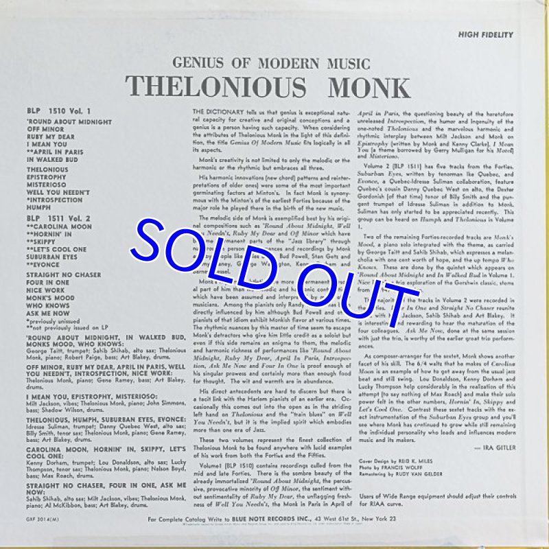 画像2: セロニアス・モンク(p)/セロニアス・モンク第1集(King初回プレス盤) (2)