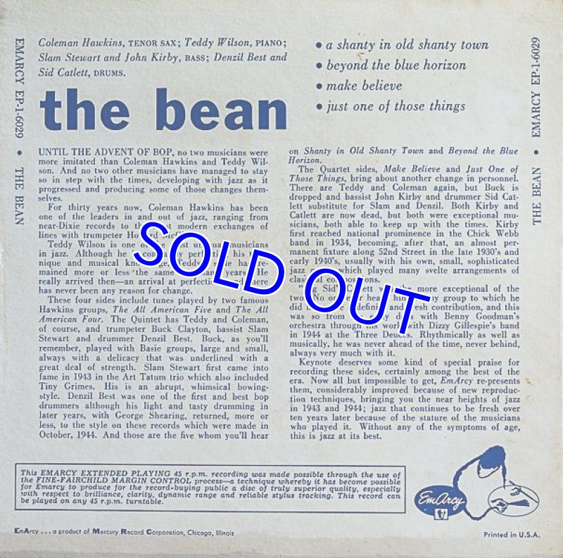 画像2: コールマン・ホーキンス(ts)/the bean(EP盤) (2)