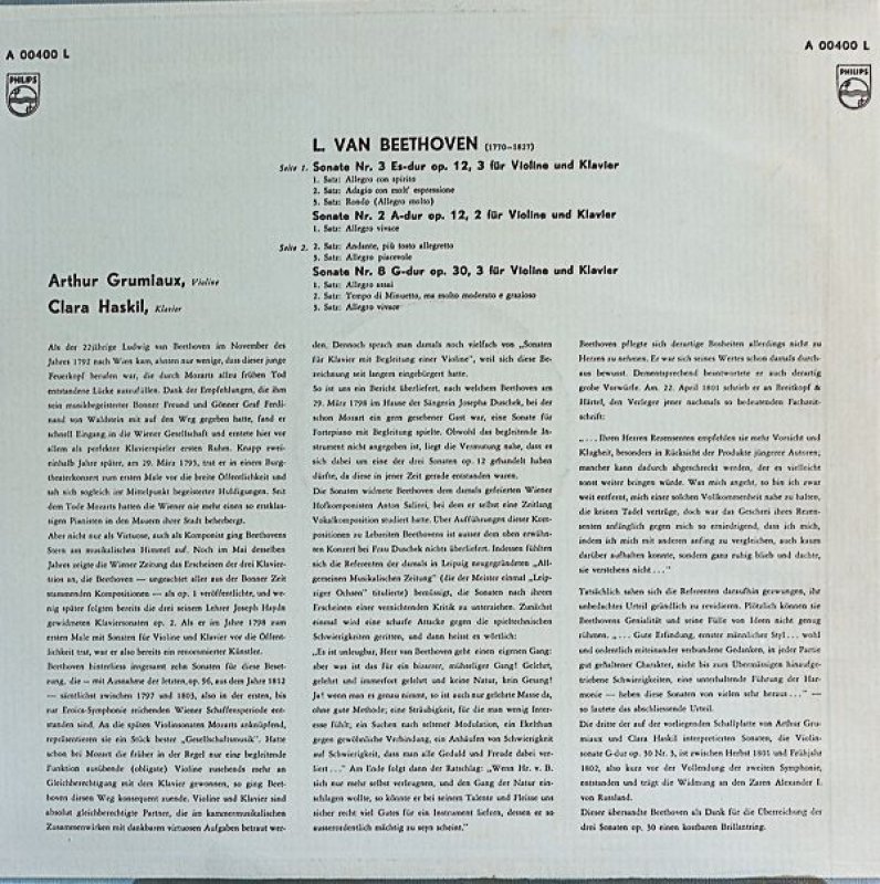 画像2: グリュミオー(Vn）＆ ハスキル（pf）/ベートーヴェン・ヴァイオリン・ソナタ第2番,3番,8番 (2)