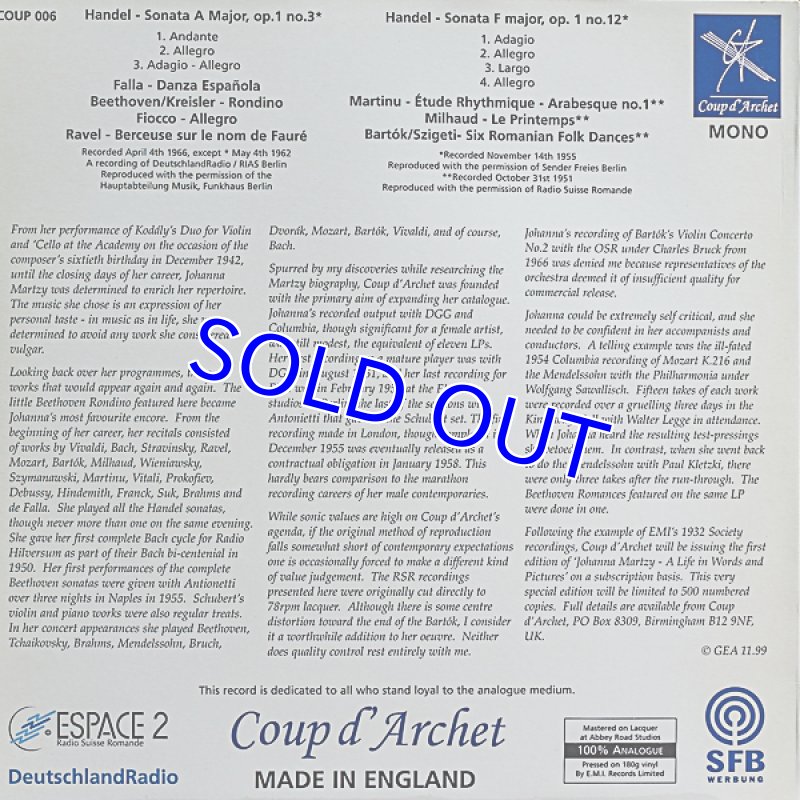 画像2: ヨハンナ・マルツィ（Vn）/ヘンデル：ヴァイオリン・ソナタ・イ長調作品1-３他 (2)