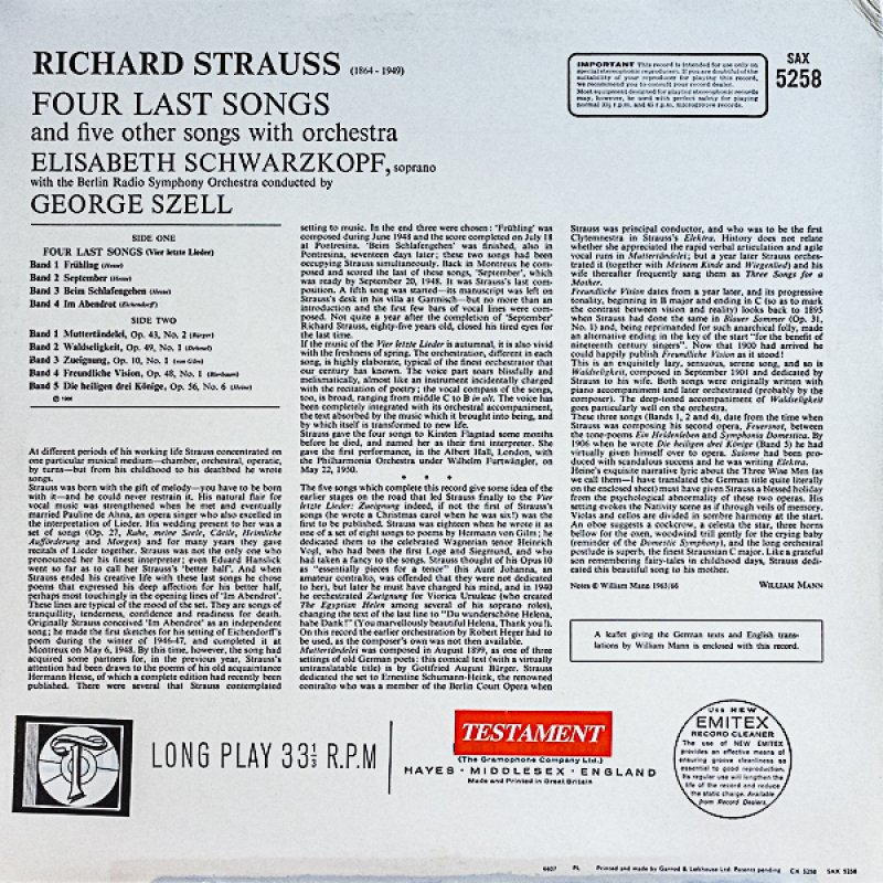 画像2: エリーザベト・シュワルツコップ/Ｒ．シュトラウス：４つの最後の歌（TESTAMENT盤） (2)
