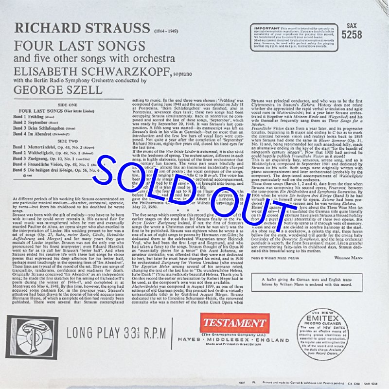 画像2: エリーザベト・シュワルツコップ/Ｒ．シュトラウス：４つの最後の歌（TESTAMENT盤） (2)