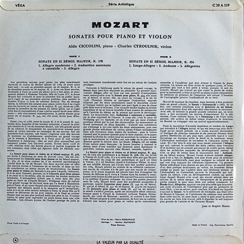 画像2: アルド・チッコリーニ（pf）/モーツァルト：ヴァイオリン・ソナタK378,K475 (2)