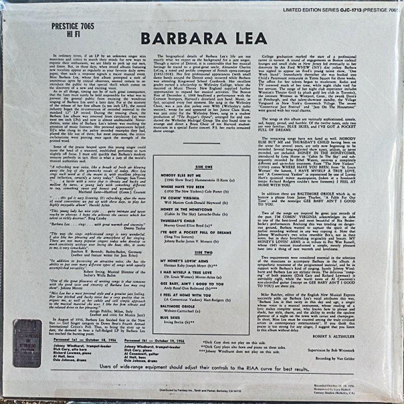 画像2: バーバラ・リー/BARBARA LEA（OJC未開封新品） (2)