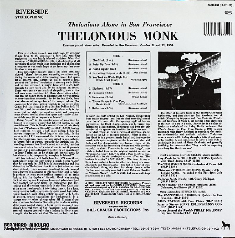 画像2: セロニアス・モンク(p)/ALONE INSAN FRANCISCO (2)