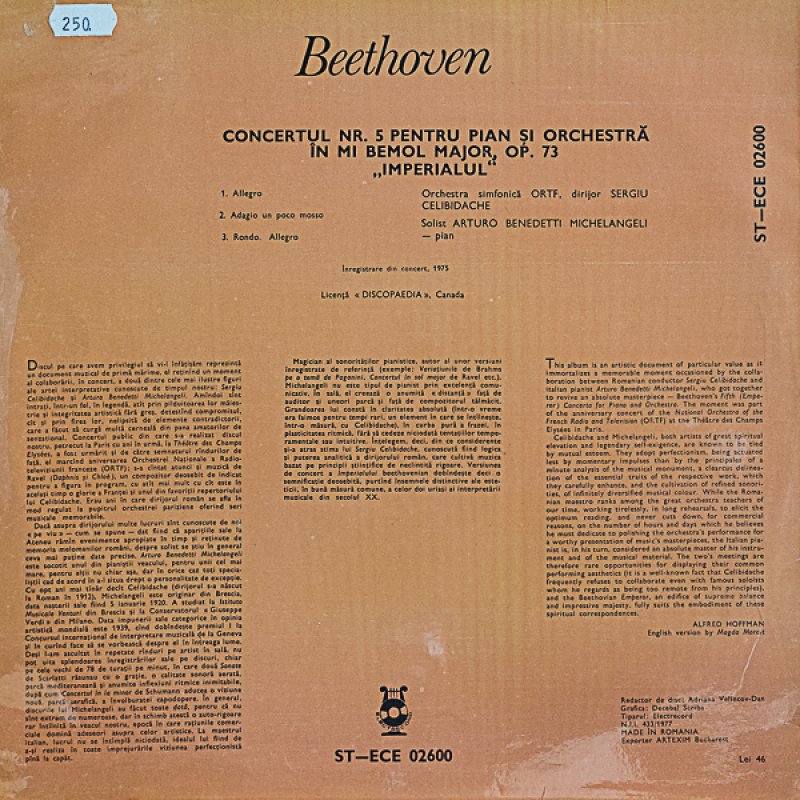 画像2: アルトゥーロ・ベネデッティ・ミケランジェリ（pf）/ベートーヴェン：ピアノ協奏曲第5番変ホ長調作品73 (2)