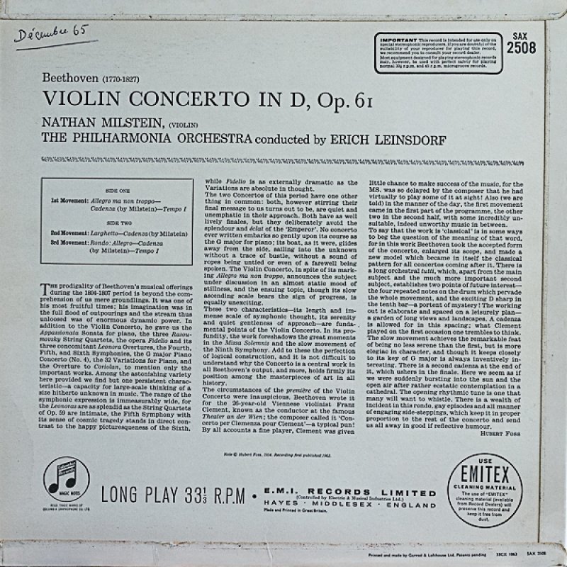 画像2: ナタン・ミルシテイン（Vn）/ベートーヴェン：ヴァイオリン協奏曲ニ長調作品61 (2)