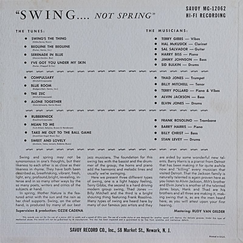 サド・ジョーンズほか（tp）/SWING.NOT SPRING（RVG手書き刻印