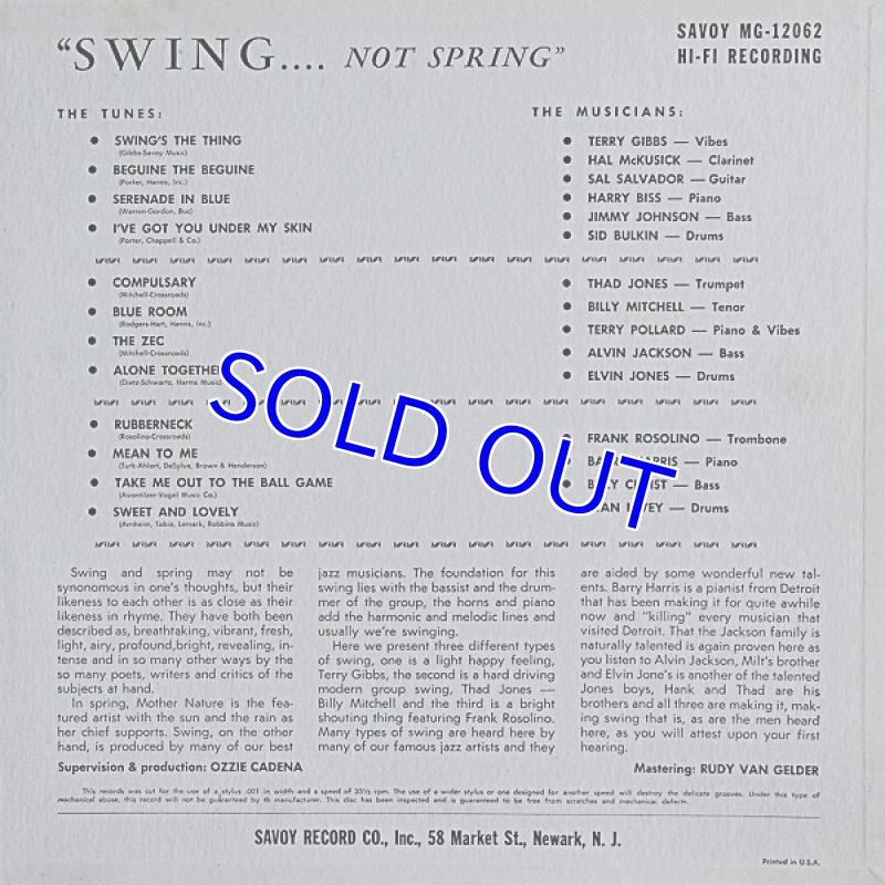 画像2: サド・ジョーンズほか（tp）/SWING....NOT SPRING（RVG手書き刻印） (2)