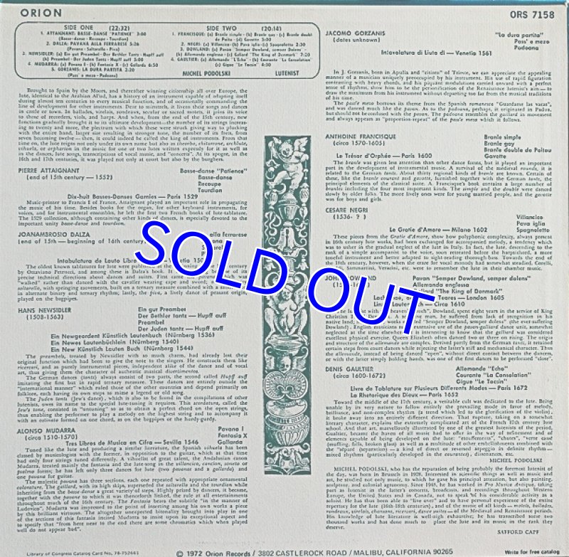 画像2: ミシュエル・ポドルスキ（Lute）/RENAISSANCE DANCES FOR THE LUTE（米盤） (2)