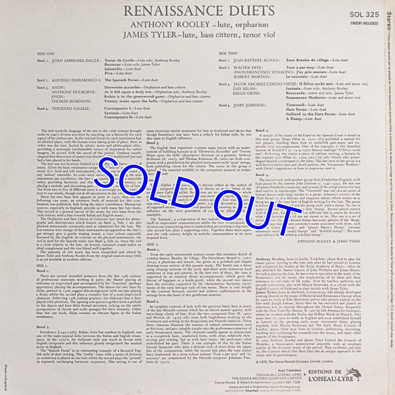 画像2: アンソニー・ローリー（Lute）/RENAISSANCE DUETS（英盤） (2)