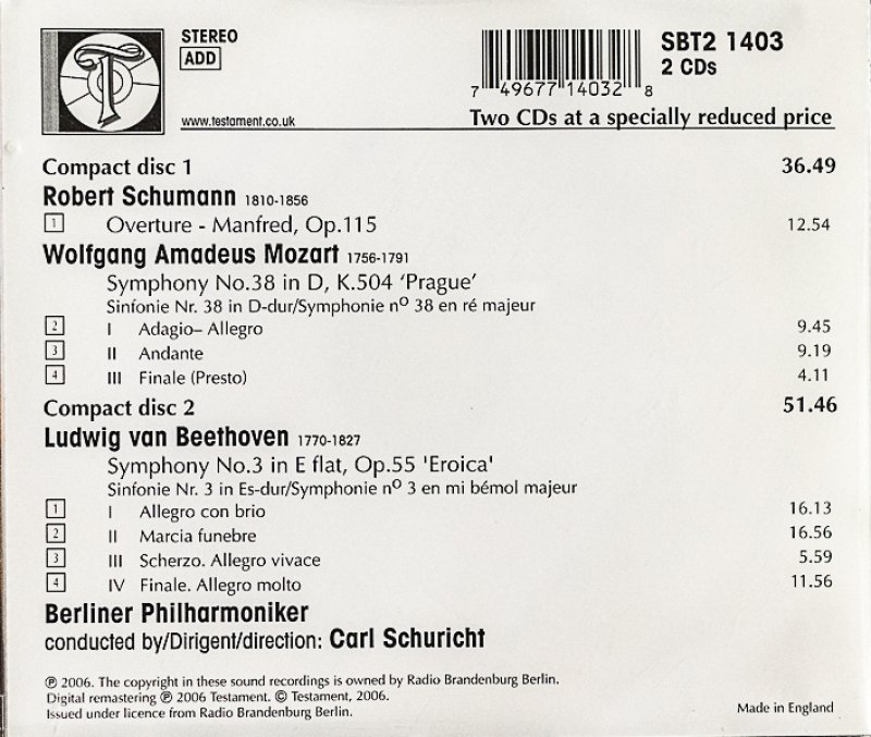 画像2: カール・シューリヒト/シューマン・モーツァルト・ベートーヴェン（英テスタメント 2CD） (2)