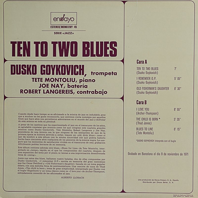 画像2: ダスコ・ゴイコヴィッチ（tp）/TEN TO TWO BLUES（スペイン盤） (2)